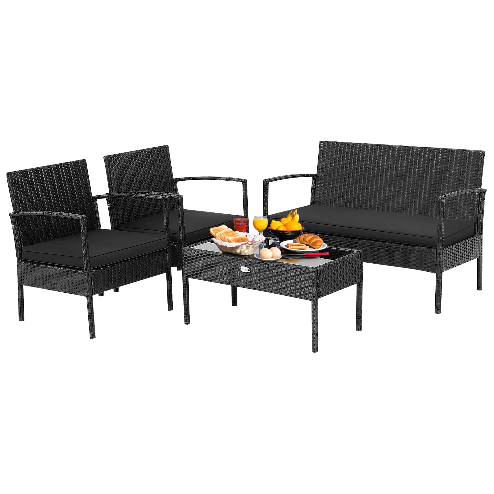 Ensemble de conversation en rotin 4 pièces pour terrasse, noir